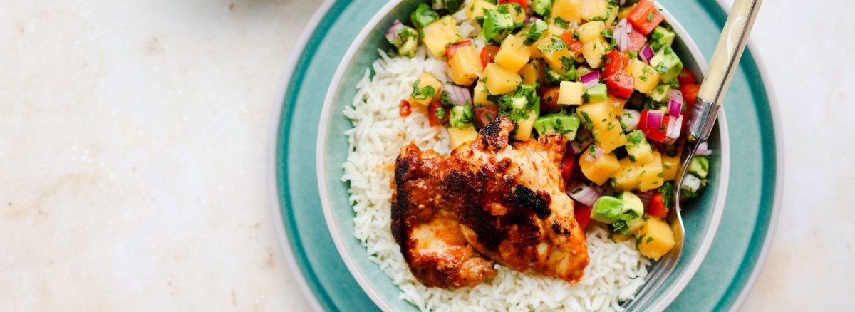 Spiced Coconut Millet with Grilled Chicken and Mango Salsa