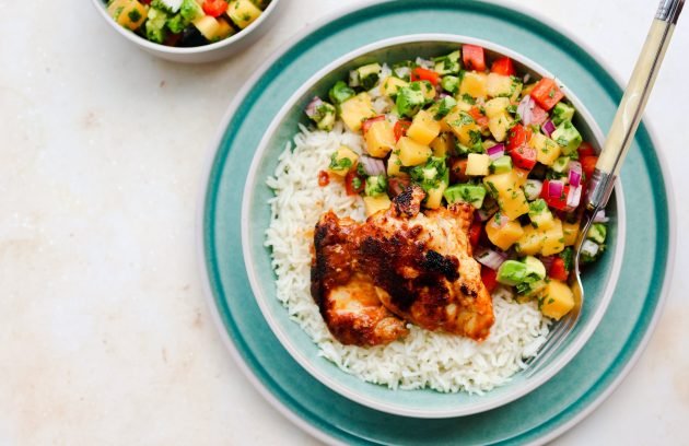 Spiced Coconut Millet with Grilled Chicken and Mango Salsa